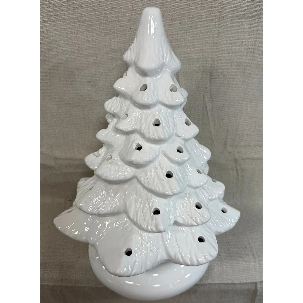 White Ceramic Lighted Christmas Tree 12 Inch Tabletop Holiday Decor Glossy Glaze